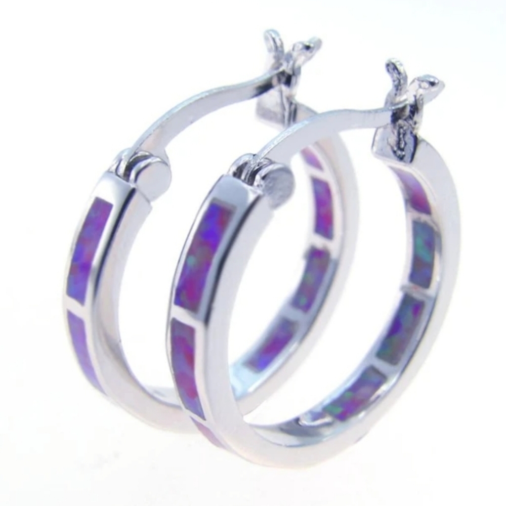 Purple Simulated Opal Hoop Earring with Siver Overlay
